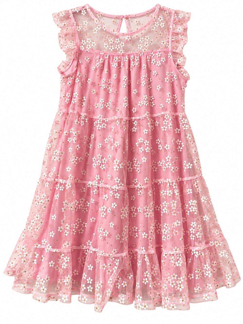 Poppies & Roses Girls Pink Floral Tulle Dress Size L – Tiered Ruffle Party Dress